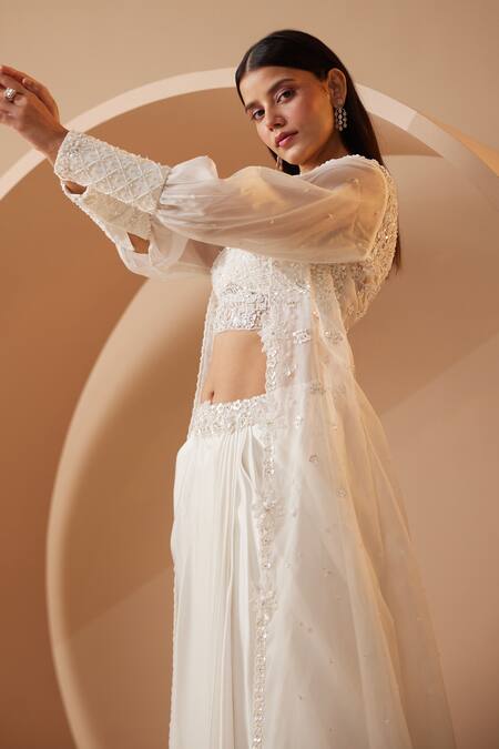 Shop_Roqa_White Modal, Satin Sequins Edessa Hand Embroidered Cape Dhoti Skirt Set _Online_at_Aza_Fashions