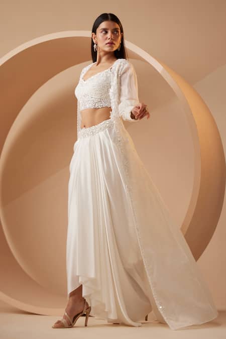 Roqa_White Modal, Satin Sequins Edessa Hand Embroidered Cape Dhoti Skirt Set _at_Aza_Fashions