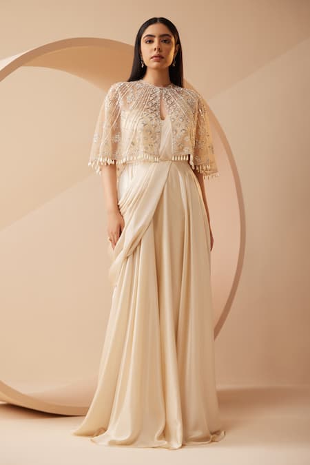 Roqa Off White Saree Gown Modal Satin Embroidery Sequins Cape Round Neck  