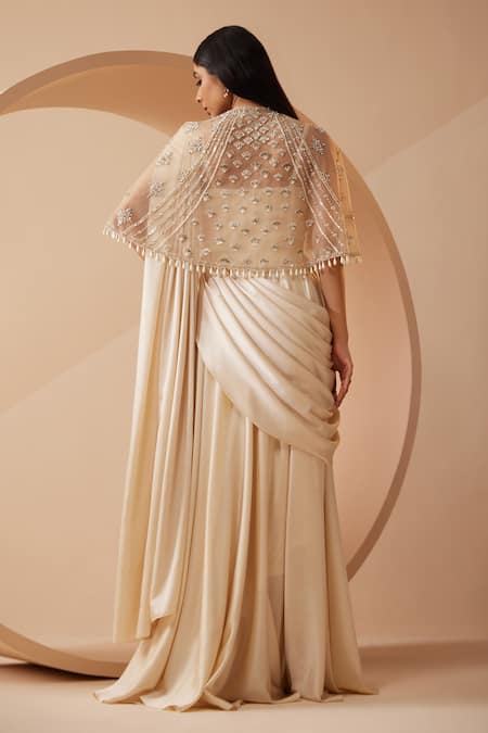 Roqa Off White Embroidered Cape Saree Gown 