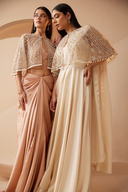 Shop_Roqa_Off White Modal, Satin Embroidery Round Neck Cape Saree Gown _Online_at_Aza_Fashions