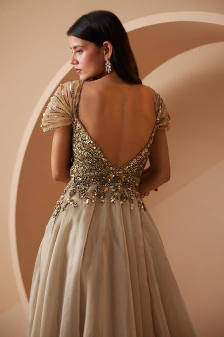 Shop_Roqa_Grey Organza Sequins, Cut Work Sweetheart Neck Ether Embroidered Gown _at_Aza_Fashions