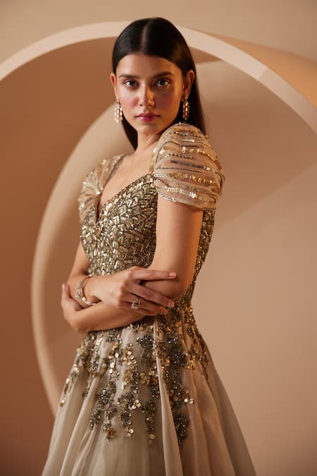 Roqa_Grey Organza Sequins, Cut Work Sweetheart Neck Ether Embroidered Gown _Online_at_Aza_Fashions