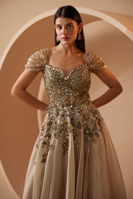 Buy_Roqa_Grey Organza Sequins, Cut Work Sweetheart Neck Ether Embroidered Gown _Online_at_Aza_Fashions