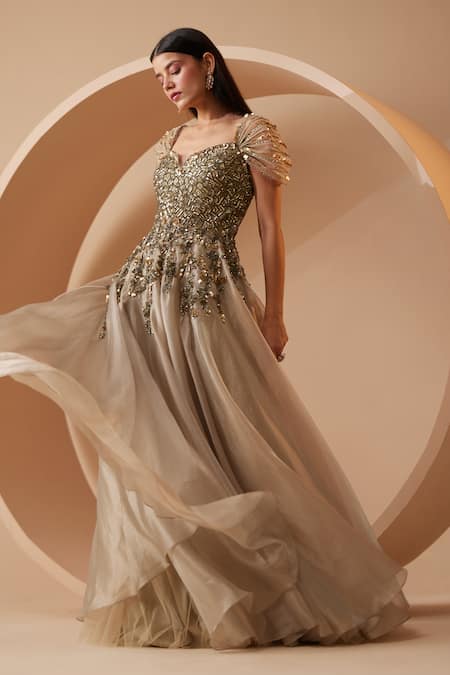 Shop_Roqa_Grey Organza Sequins, Cut Work Sweetheart Neck Ether Embroidered Gown _Online_at_Aza_Fashions