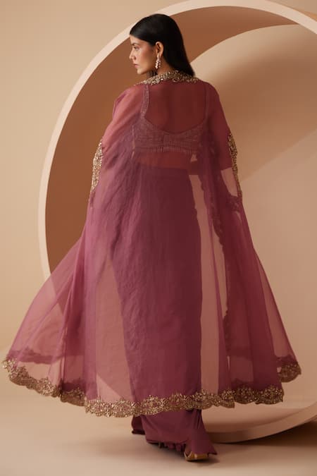 Roqa Purple Embroidered Cape Dhoti Skirt Set 