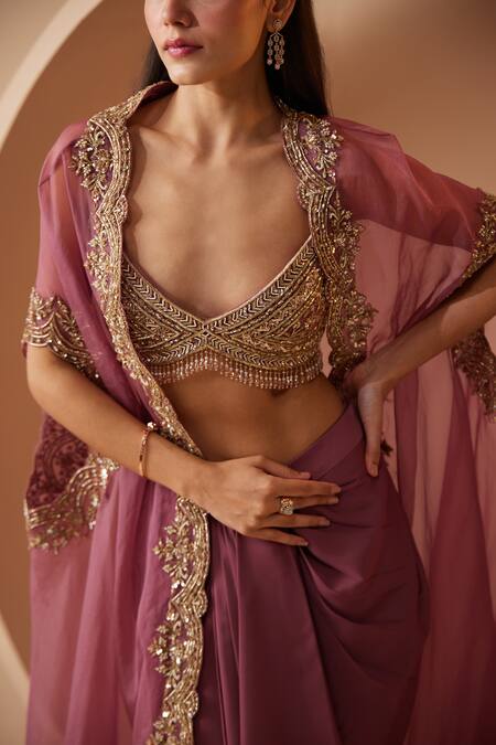 Roqa_Purple Embroidered Cape Dhoti Skirt Set _Online_at_Aza_Fashions