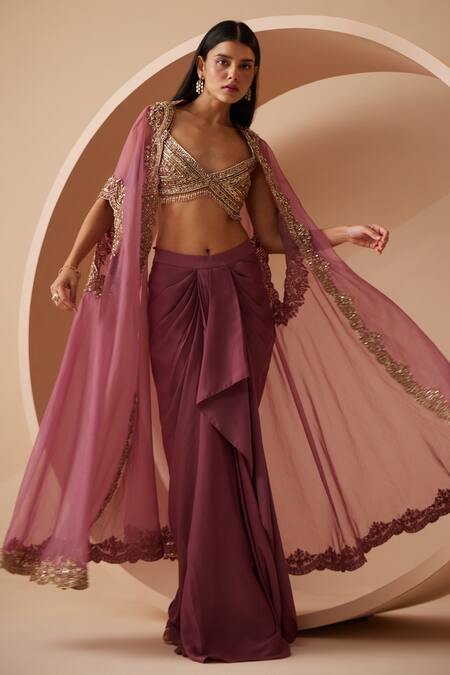 Shop_Roqa_Purple Embroidered Cape Dhoti Skirt Set _Online_at_Aza_Fashions