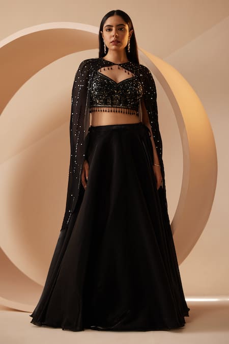 Roqa Black Blouse Georgette Embroidery Sequins Cutwork Jadyn Lehenga With Cape
