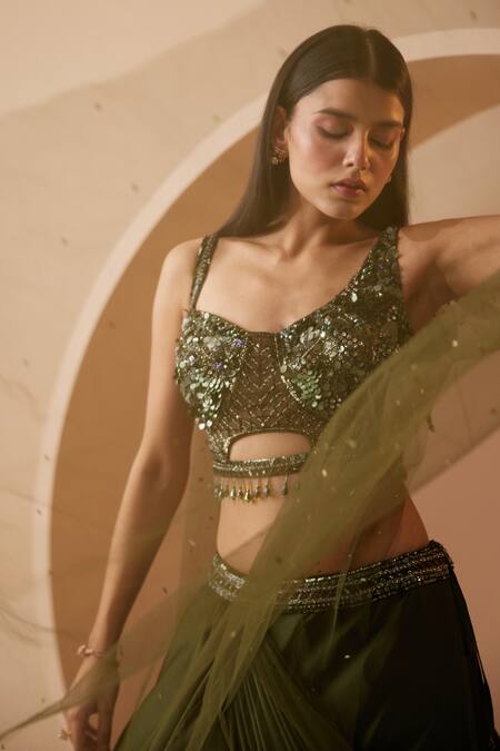 Roqa Green Net, Georgette Sequins, Cut Work Jamiee Embroidered Blouse Lehenga Set Online at Aza Fashions Roqa_Green Net, Georgette Sequins, Cut Work Jamiee Embroidered Blouse Lehenga Set_Online_at_Aza_Fashions