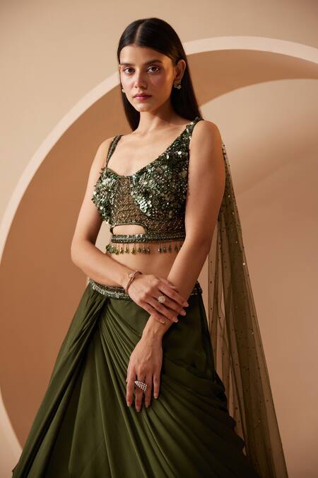 Buy Roqa Green Net, Georgette Sequins, Cut Work Jamiee Embroidered Blouse Lehenga Set Online at Aza Fashions Buy_Roqa_Green Net, Georgette Sequins, Cut Work Jamiee Embroidered Blouse Lehenga Set_Online_at_Aza_Fashions