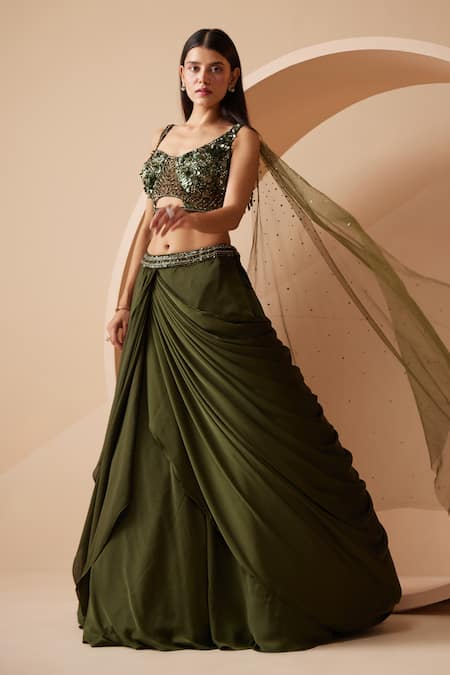 Shop Roqa Green Net, Georgette Sequins, Cut Work Jamiee Embroidered Blouse Lehenga Set Online at Aza Fashions Shop_Roqa_Green Net, Georgette Sequins, Cut Work Jamiee Embroidered Blouse Lehenga Set_Online_at_Aza_Fashions