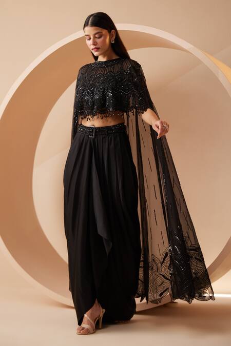 Roqa_Black Modal, Satin Cut Work, Sequins Embroidered Cape And Dhoti Pant Set _Online_at_Aza_Fashions