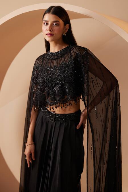 Buy_Roqa_Black Modal, Satin Cut Work, Sequins Embroidered Cape And Dhoti Pant Set _Online_at_Aza_Fashions