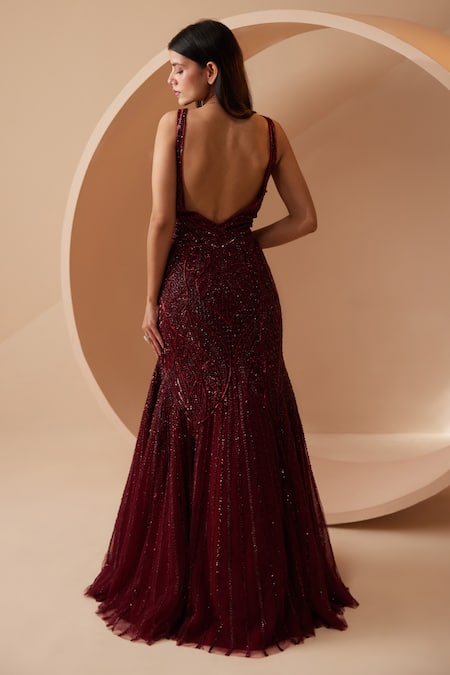 Shop Roqa Maroon Net Sequins, Cut Work V-neck Rebecca Hand Embroidered Gown at Aza Fashions Shop_Roqa_Maroon Net Sequins, Cut Work V-neck Rebecca Hand Embroidered Gown _at_Aza_Fashions