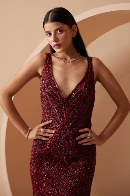 Buy Roqa Maroon Net Sequins, Cut Work V-neck Rebecca Hand Embroidered Gown Online at Aza Fashions Buy_Roqa_Maroon Net Sequins, Cut Work V-neck Rebecca Hand Embroidered Gown _Online_at_Aza_Fashions