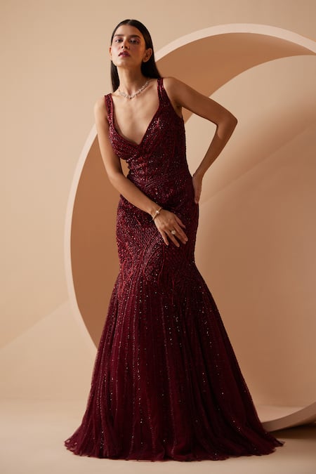 Shop Roqa Maroon Net Sequins, Cut Work V-neck Rebecca Hand Embroidered Gown Online at Aza Fashions Shop_Roqa_Maroon Net Sequins, Cut Work V-neck Rebecca Hand Embroidered Gown _Online_at_Aza_Fashions