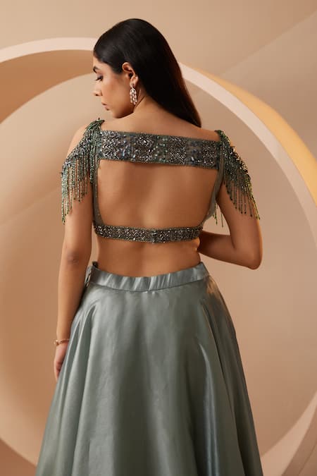 Shop Roqa Green Net, Organza Sequins, Cut Work Renne Embroidered Blouse Lehenga Set at Aza Fashions Shop_Roqa_Green Net, Organza Sequins, Cut Work Renne Embroidered Blouse Lehenga Set _at_Aza_Fashions