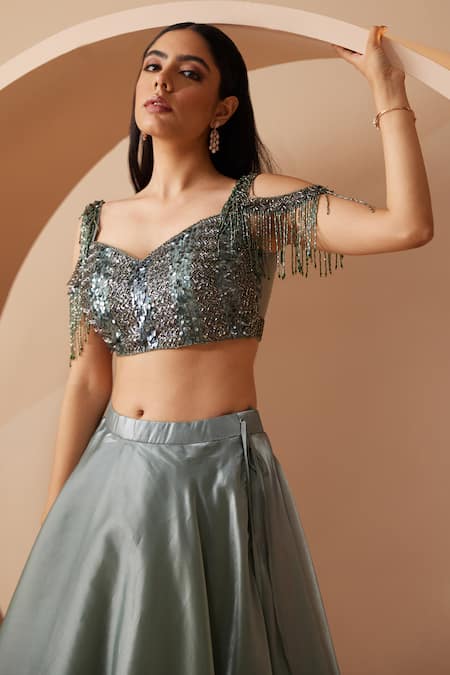 Roqa Green Net, Organza Sequins, Cut Work Renne Embroidered Blouse Lehenga Set Online at Aza Fashions Roqa_Green Net, Organza Sequins, Cut Work Renne Embroidered Blouse Lehenga Set _Online_at_Aza_Fashions