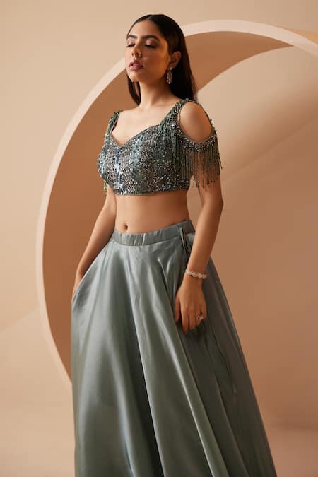 Buy Roqa Green Net, Organza Sequins, Cut Work Renne Embroidered Blouse Lehenga Set Online at Aza Fashions Buy_Roqa_Green Net, Organza Sequins, Cut Work Renne Embroidered Blouse Lehenga Set _Online_at_Aza_Fashions