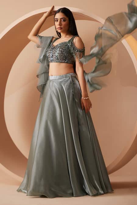 Shop Roqa Green Net, Organza Sequins, Cut Work Renne Embroidered Blouse Lehenga Set Online at Aza Fashions Shop_Roqa_Green Net, Organza Sequins, Cut Work Renne Embroidered Blouse Lehenga Set _Online_at_Aza_Fashions