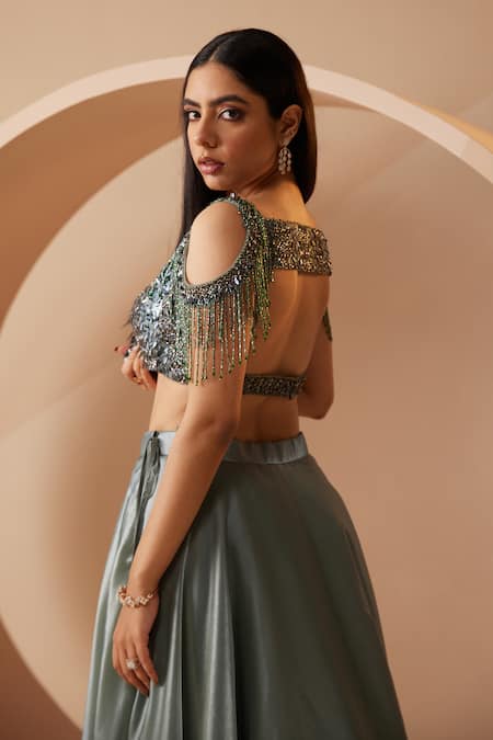 Roqa Green Net, Organza Sequins, Cut Work Renne Embroidered Blouse Lehenga Set at Aza Fashions Roqa_Green Net, Organza Sequins, Cut Work Renne Embroidered Blouse Lehenga Set _at_Aza_Fashions