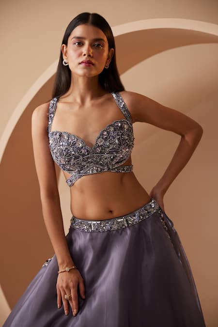 Roqa_Purple Net, Organza Sequins, Cut Rosselyn Floral Embroidered Blouse Lehenga Set _Online_at_Aza_Fashions
