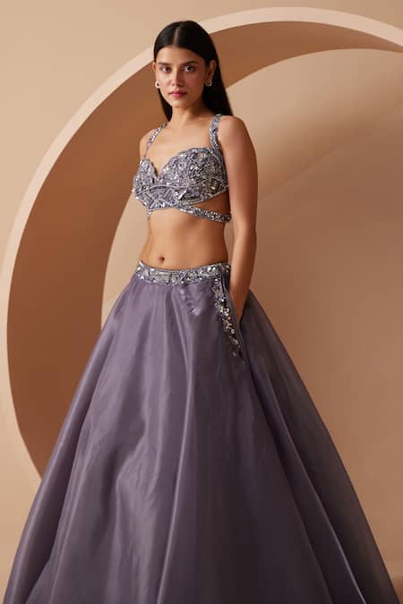 Shop_Roqa_Purple Net, Organza Sequins, Cut Rosselyn Floral Embroidered Blouse Lehenga Set _Online_at_Aza_Fashions