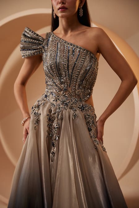 Roqa_Grey Organza Sequins, Cut Work, Crystals Verona Embroidered Ombre Gown _Online_at_Aza_Fashions