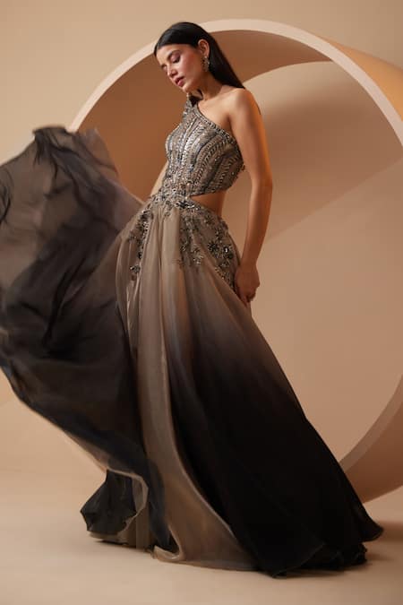 Shop_Roqa_Grey Organza Sequins, Cut Work, Crystals Verona Embroidered Ombre Gown _Online_at_Aza_Fashions