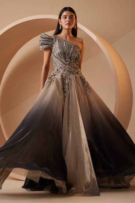 Roqa_Grey Organza Sequins, Cut Work, Crystals Verona Embroidered Ombre Gown _at_Aza_Fashions