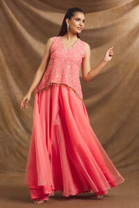 Priti Sahni Coral Georgette, Organza Mirrors, Sequins, Embroidery Hand Top And Palazzo Set at Aza Fashions Priti Sahni_Coral Georgette, Organza Mirrors, Sequins, Embroidery Hand Top And Palazzo Set _at_Aza_Fashions