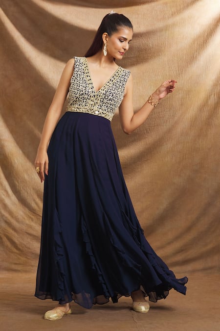 Priti Sahni_Blue Net, Georgette Mirrors, Pearls V-neck Yoke Embroidered Gown _at_Aza_Fashions