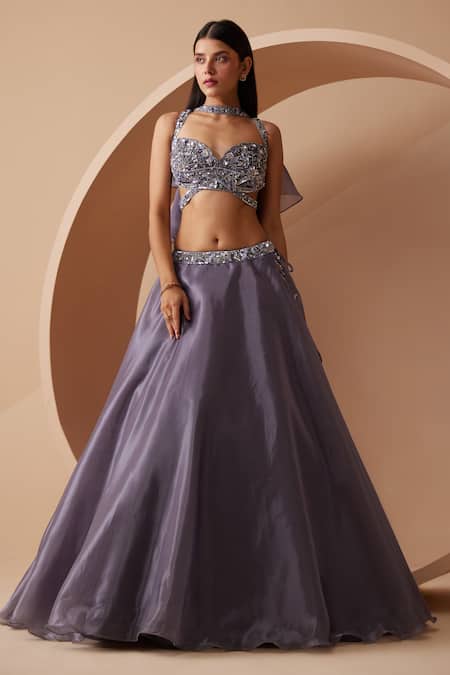 Roqa_Purple Net, Organza Sequins, Cut Rosselyn Floral Embroidered Blouse Lehenga Set _at_Aza_Fashions