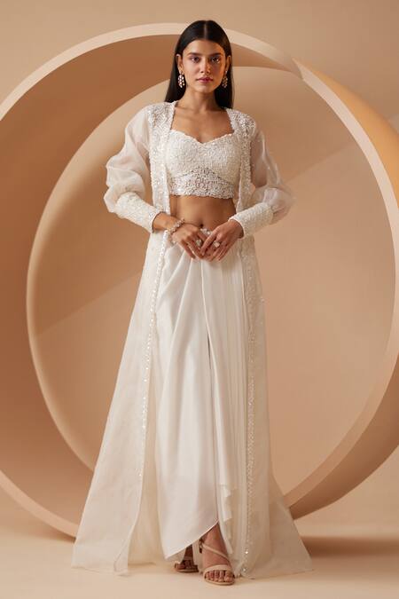 Buy_Roqa_White Modal, Satin Sequins Edessa Hand Embroidered Cape Dhoti Skirt Set 