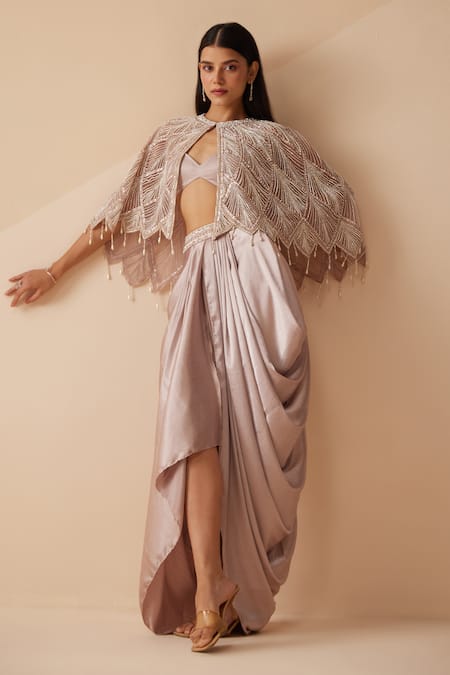 Roqa Lavender Cutdana Cape Dhoti Skirt Set 