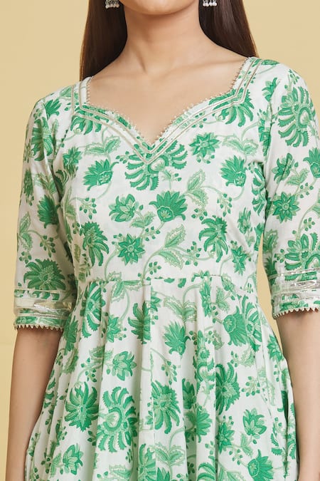 Shop_Samyukta Singhania_Green Cotton Embroidery, Gota Patti Sweetheart Floral Print Kurta Sharara Set _Online_at_Aza_Fashions