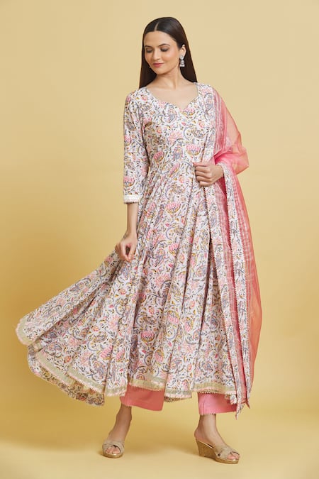 Samyukta Singhania Lotus Print Cotton Anarkali Pant Set 