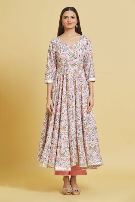 Samyukta Singhania Pink Cotton, Organza Gota Patti, Embroidery Lotus Print Anarkali Pant Set Online at Aza Fashions Samyukta Singhania_Pink Cotton, Organza Gota Patti, Embroidery Lotus Print Anarkali Pant Set _Online_at_Aza_Fashions