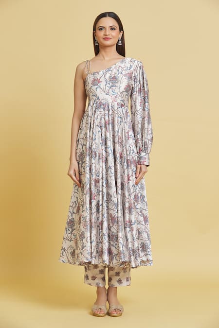 Samyukta Singhania_Off White Muslin Embroidery Asymmetric Floral Print Anarkali Pant Set _Online_at_Aza_Fashions