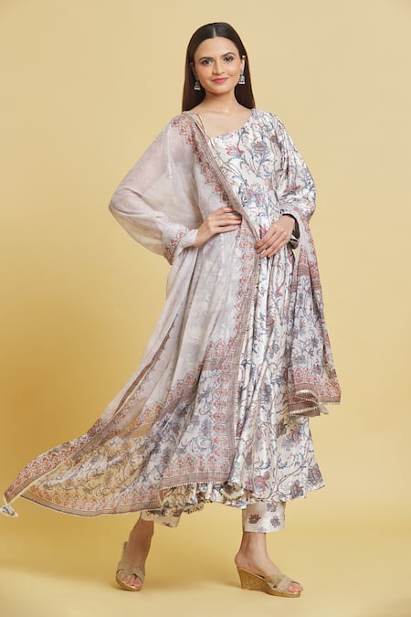 Buy_Samyukta Singhania_Off White Muslin Embroidery Asymmetric Floral Print Anarkali Pant Set _Online_at_Aza_Fashions