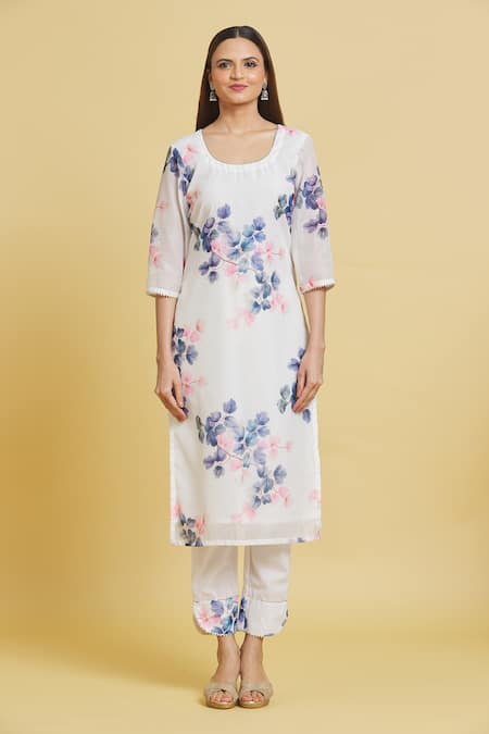 Samyukta Singhania_White Chanderi Cotton, Chiffon Embroidery Round Neck Floral Print Kurta Set _Online_at_Aza_Fashions