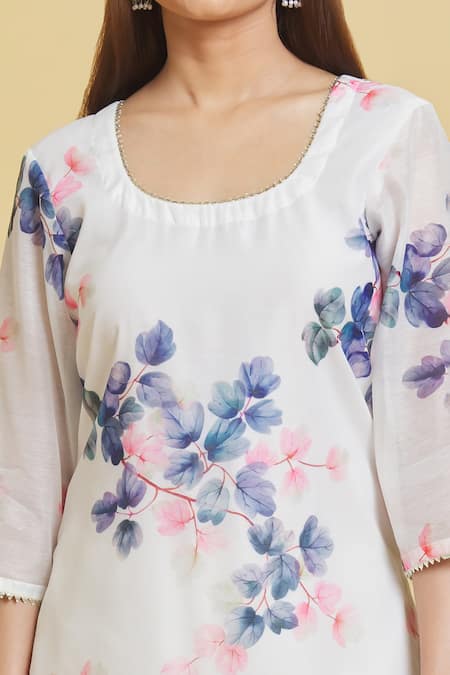 Buy_Samyukta Singhania_White Chanderi Cotton, Chiffon Embroidery Round Neck Floral Print Kurta Set _Online_at_Aza_Fashions