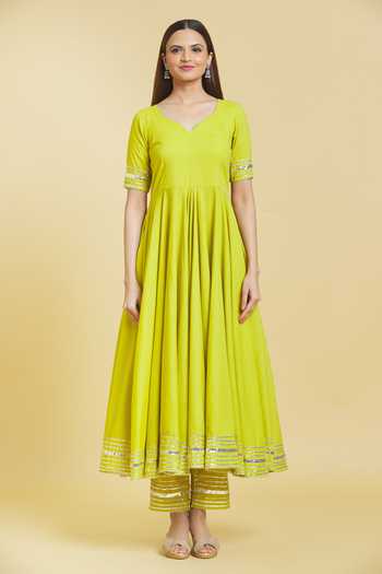 Khwaab By Sanjana Lakhani_Green Cotton, Organza Gota Patti Sleeve Embellished Anarkali Set _Online_at_Aza_Fashions