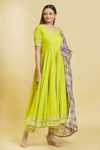 Buy_Khwaab By Sanjana Lakhani_Green Cotton, Organza Gota Patti Sleeve Embellished Anarkali Set _Online_at_Aza_Fashions