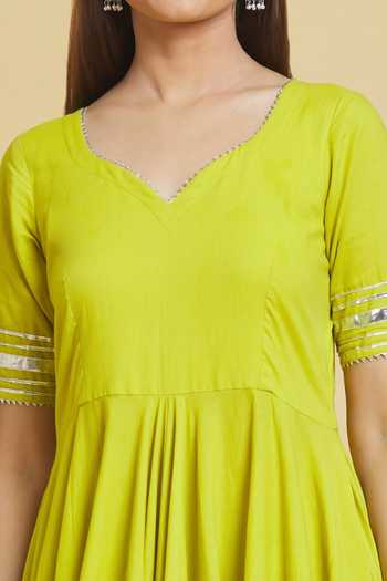 Shop_Khwaab By Sanjana Lakhani_Green Cotton, Organza Gota Patti Sleeve Embellished Anarkali Set _Online_at_Aza_Fashions