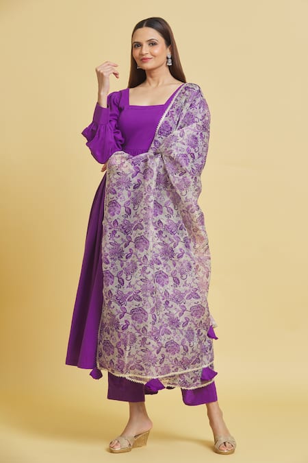Samyukta Singhania_Purple Cotton, Organza Embroidery, Tassels Anarkali Set With Printed Dupatta _Online_at_Aza_Fashions