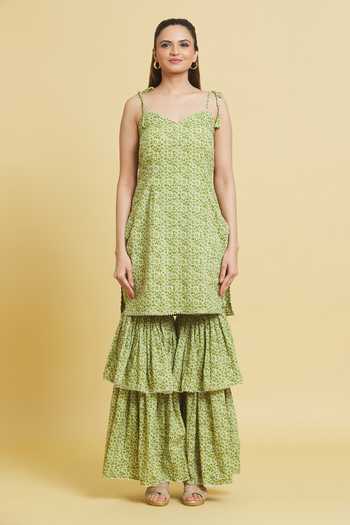 Samyukta Singhania_Green Cotton, Muslin Gota Patti Sweetheart Neck Shabnam Abstract Print Kurta Set _Online_at_Aza_Fashions