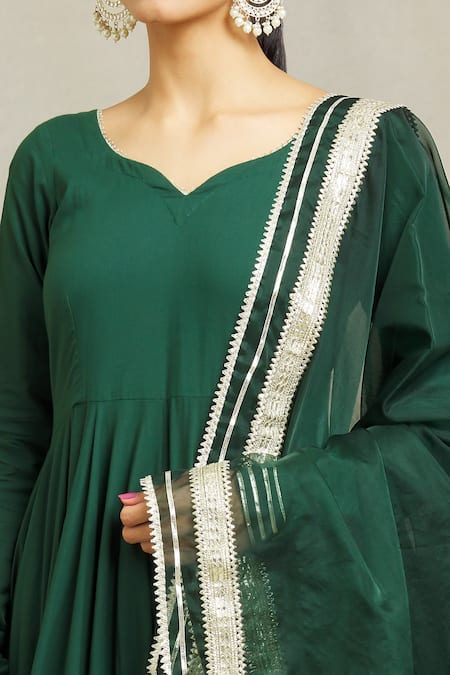 Shop_Samyukta Singhania_Green Cotton, Organza Gota Patti Asymmetric Placement Embellished Anarkali Set _Online_at_Aza_Fashions