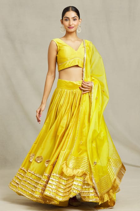 Adara Khan Yellow Lehenga And Blouse Cotton Embellished Gota Applique V Neck Set
